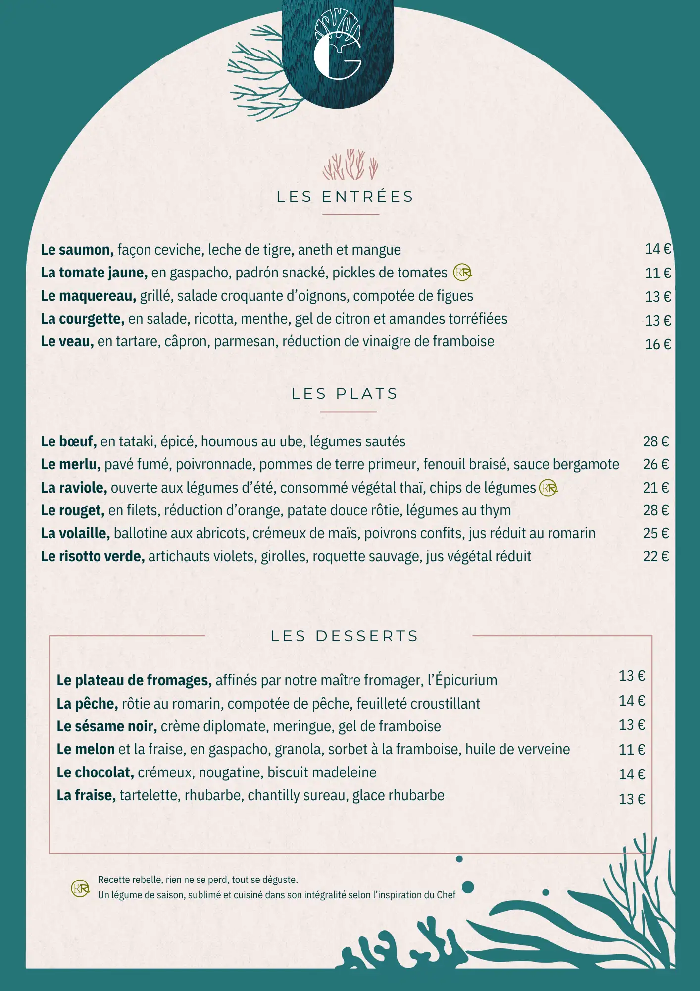 La carte du restaurant